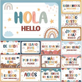 16 Pcs Spanish Words and Phrases Poster Set Spanish Classroom Decorations Spanish Phrases Bulletin Board Study Materials for Teachers Preschool School Classroom Language Study Classroom Decor (Bright）