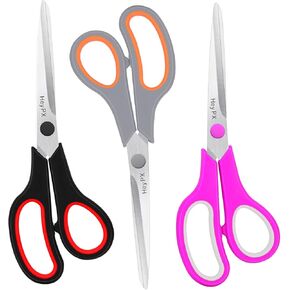 8.5" Scissors All Purpose for Office, Home, School, Sewing, Fabric and Crafts, Stainless Steel Heavy Duty Scissors with Ultra Sharp Blades and Comfort Grip Handles, 3 Pack, Multicolor
