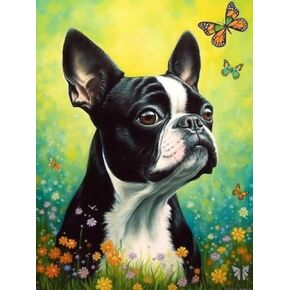 DIY Diamond Painting by Numbers Boston Terrier in Garden Full Drill Round Diamond Embroidery Cross Stitch Mosaic Crystal Rhinestone Arts and Craft Mosaic Art Kits 30x40cm(ku55)