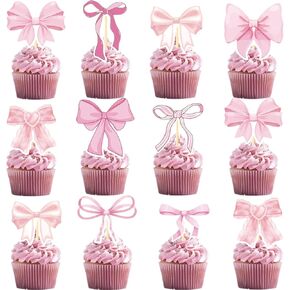 Pink Bow Cupcake Toppers, Pink Bow Coquette Birthday Cake Decorations for Birthday Baby Shower Pink Bow Theme Party Decor (36)