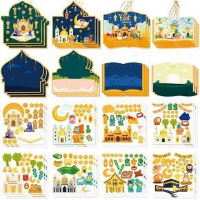 COcnny 49pcs Eid Mubarak Craft Kit Mosque Scene Stickers for Kids, Make Your Own Ramadan Kareem Scene Decal, DIY Art Religious Label Hanging Ornament for Al-fitr Classroom Party Favor Goodies Supplies