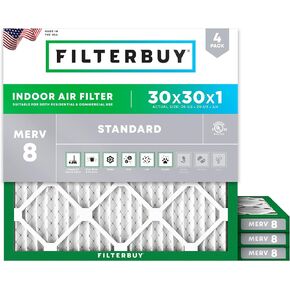 Filterbuy 30x30x1 Air Filter MERV 8 Dust Defense (4-Pack), Pleated HVAC AC Furnace Air Filters Replacement (Actual Size: 29.50 x 29.50 x 0.75 Inches)