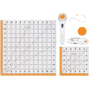 Fiskars Crafts Essentials 5-Piece Set - 45mm Blade Rotary Cutter for Fabric, Self Healing Cutting Mat, and Sewing Ruler - Craft Supplies - White/Gray