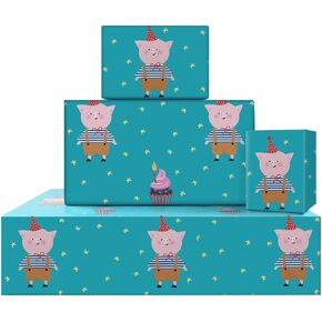 Apol Pig Birthday Wrapping Paper for Boys and Girl Gift Wrap,4 Sheets Cute Pig with Cake Pattern Green Gift Wrapping Paper for Birthday Christmas Spring Party Kids Gift Wrap Paper,28x20 Inches