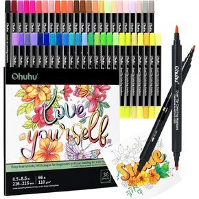 Ohuhu Markers Brush Tip 80-Colors with 72-Sheet Coloring Book - Double Tipped Markers for Adults Coloring Books - Art Marker Set Bundles with 100% Bleed-Proof Coloring Pages - Fine & Brush Dual Tips