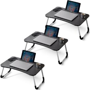 3-Pack Black Foldable Laptop Table with Cup Holder for Bed, Sofa, Floor Foldable Laptop Table, Breakfast Serving Bed Tray, Lap Desk with Foldable Leg & Tablet Phone Groove