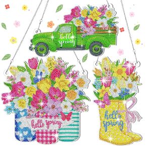 Wonderjune 3 Set Spring Diamond Art Hanging Sign 5d Spring Tulip Boots Truck Flowers Diamond Painting Kits DIY Crystal Paint Arts and Crafts Set Window Home Wall Garden Decor