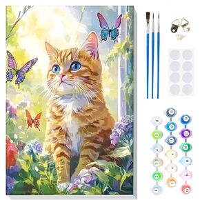 Mogtaa Cat Paint by Number مجموعة للمبتدئين للمبتدئين ، وطلاء البالغين بأعداد أرقام على القماش ، وأدوات الطلاء السهلة للبالغين ، ومجموعات الطلاء الزيت الفراشة DIY للديكور المنزلي ، 8x12in