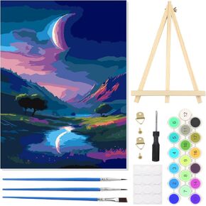 HEIBAGO Paint by Numbers Kit for Adults 12"x16" Framed Canvas&Wooden Easel, DIY Acrylic Paint by Numbers Kits for Adults Beginner, Night Moon Scenery Drawing Arts and Crafts for Home Wall Decor