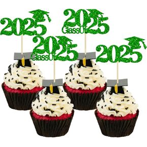 Gyufise 24Pcs Class of 2025 Cupcake Toppers Red Glitter Graduation 2025 Cupcake Picks Congrats Grad 2025 Cake Decoration for 2025 Graduation Theme Party Cake Decorations