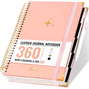 FLYING EAGLE Leather 5 Subject Notebook with Pen Dividers Tabs, 360 Pages Hardcover Spiral Notebooks College Ruled, Journaling Notebooks for Work School Note Taking, B5(7.6"x10.3") - Green
