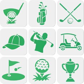 MAYJOYDIY 9PCS Golf Stencils Set - 6x6inch Golf Cart Caddy & Club Template - Washable PET Material for T-Shirts, Albums, Cards & Painting