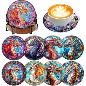 8 PCS Diamond Art Coasters مجموعات للبالغين - مجموعات Diamond Painting Coasters للبالغين مع حامل Cork Pads DIY Dragon Diamond Art Dots Coaster