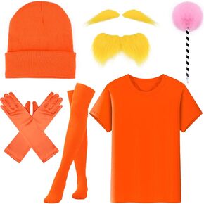 6 Pcs Halloween Orange Role Play Costume Set Include Orange Shirt Mustaches Gloves Socks and Beanie