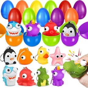24 Pack Prefilled Easter Eggs with Animal Popping Eyes Toys, Squeeze Toys with Popping Eyes for Easter Hunt, Basket Stuffers Filler, Easter Party Favors, Classroom Prize, Surprise Egg