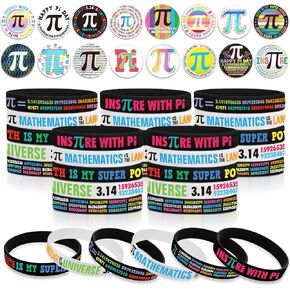 60 Pcs Pi Day Party Favor Supplies Gift，Included 30 Math Pi Day Silicone Bracelets and 30 Π day Educational Badges Accessories for International Day of Mathematics School Educational Party (Pi day)