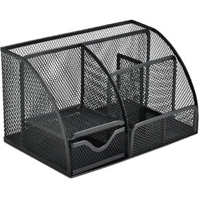 Black Mesh Pen Holder and Organizer Office Supplies with 7 Compartments, Desktop Organizer with Drawer, Metal Pen Holder for Desk, ‎9.1" x 5.9" x 5.5''