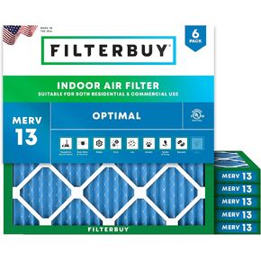 Filterbuy 20x23x1 Air Filter MERV 13 Optimal Defense (6-Pack), Pleated HVAC AC Furnace Air Filters Replacement (Actual Size: 19.50 x 22.50 x 0.75 Inches)