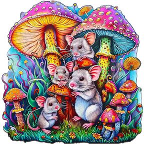 Wooden Puzzles for Adult, Mouse Family and Mushroom Wooden Jigsaw Puzzle, Unique Shape Animal Puzzle with Beautiful Wooden Box, Unique Gifts for Puzzle Lovers (S-7.9 * 7.8in-100pcs)