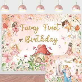 XCKALI Fairy First Birthday Backdrop Floral Fairy Girls 1st Photography Background Tale Theme Birthday Party Decorations 7x5FT