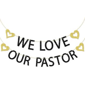 GXSOVSO We Love Our Pastor Banner, Pre-strung Pastor Banner for Church Clergy, Appreciation for Minister, Appreciation for Pastor, Black Glitter