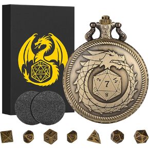 Mini DND Dice Set Steampunk Dragon Bronze Pocket Watch Shell Case, 7pcs Polyhedral Metal D&D Dice Set, DND Gifts with Gift Box for Men Women, Role Playing Board Games Accessories, Bronze