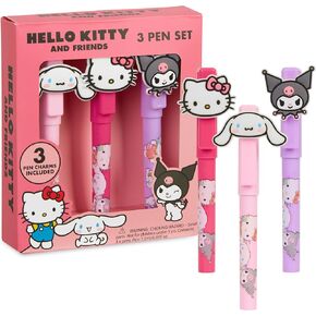 Hello Kitty Ballpoint Pens 3 pcs Writing Pen Set with Character Toppers, Cute Stationery Supplies Anime Gifts