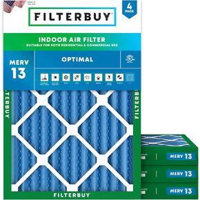Filterbuy 16x20x4 Air Filter MERV 13 Optimal Defense (4-Pack), Pleated HVAC AC Furnace Air Filters Replacement (Actual Size: 15.38 x 19.38 x 3.63 Inches)