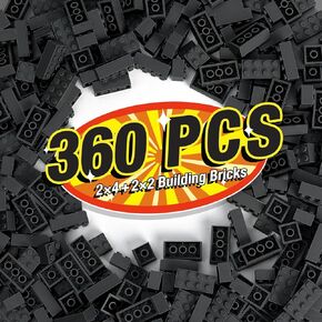 360 Pieces Building Bricks, Classic Basic Building Flat Parts and Pieces - 2x4 Brick x200 and 2x2 Brick x160, Moc Building Bulks DIY Play Set Compatible with Lego, Dark Grey