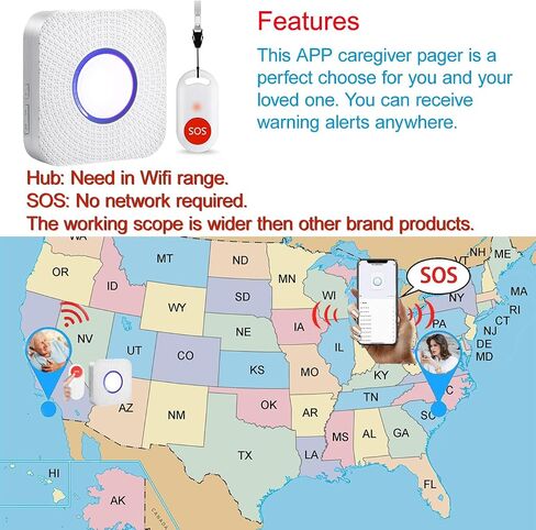 WiFi Caregiver Pager Wireless Call Button System Nurse Alert لنظام المنازل/المسنين/المريض/معطل مع تطبيق الهاتف واحد مكالمة واحدة مستقبل WiFi (يدعم فقط 2.4 جيجا هرتز Wi-Fi) in Kuwait