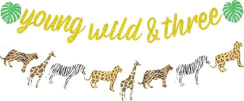 Sursurprise Jungle 3rd عيد ميلاد ديكورات شابة وايلد وثلاثة لافتة بريق Safari Print Print Grand For Boys أو Girls Three Birthder Three حفلة عيد ميلاد ثالثة حفلة عيد ميلاد ثالث in Kuwait