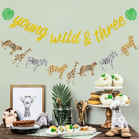 Sursurprise Jungle 3rd عيد ميلاد ديكورات شابة وايلد وثلاثة لافتة بريق Safari Print Print Grand For Boys أو Girls Three Birthder Three حفلة عيد ميلاد ثالثة حفلة عيد ميلاد ثالث in Kuwait