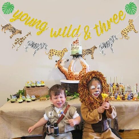 Sursurprise Jungle 3rd عيد ميلاد ديكورات شابة وايلد وثلاثة لافتة بريق Safari Print Print Grand For Boys أو Girls Three Birthder Three حفلة عيد ميلاد ثالثة حفلة عيد ميلاد ثالث in Kuwait
