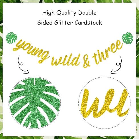 Sursurprise Jungle 3rd عيد ميلاد ديكورات شابة وايلد وثلاثة لافتة بريق Safari Print Print Grand For Boys أو Girls Three Birthder Three حفلة عيد ميلاد ثالثة حفلة عيد ميلاد ثالث in Kuwait