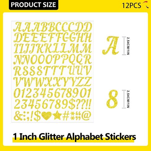 1224 Pcs 12 Sheets Gold Letter Stickers Glitter Alphabet Number Self Adhesive Waterproof Vinyl Stick on Letters for Mailbox Water Bottles Cup Bulletin Board Crafts Sign Classroom Decor (Gold,1 Inch) in Saudi Arabia
