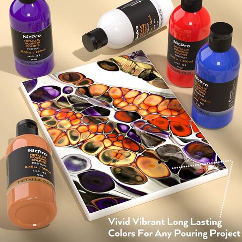 Nicpro 8 Colors 8.45oz Metallic Acrylic Pour Paint Supplies Kit, Large Volume Ready to Pour Premixed High Flow Pouring Paint Set with Silicone Pouring Oil, Gloves, Instructions for Beginner DIY in Kuwait