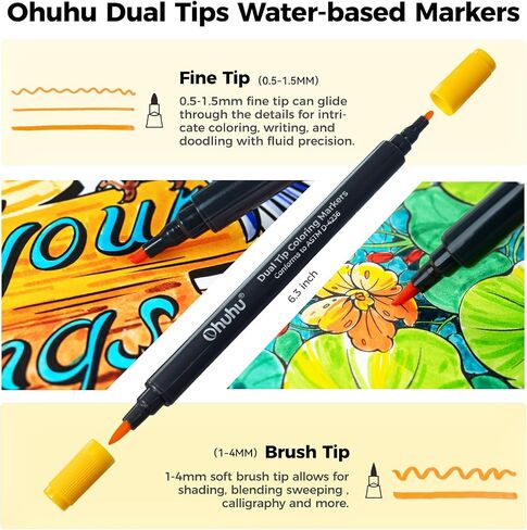 Ohuhu Markers Brush Tip 80-Colors with 72-Sheet Coloring Book - Double Tipped Markers for Adults Coloring Books - Art Marker Set Bundles with 100% Bleed-Proof Coloring Pages - Fine & Brush Dual Tips in Kuwait