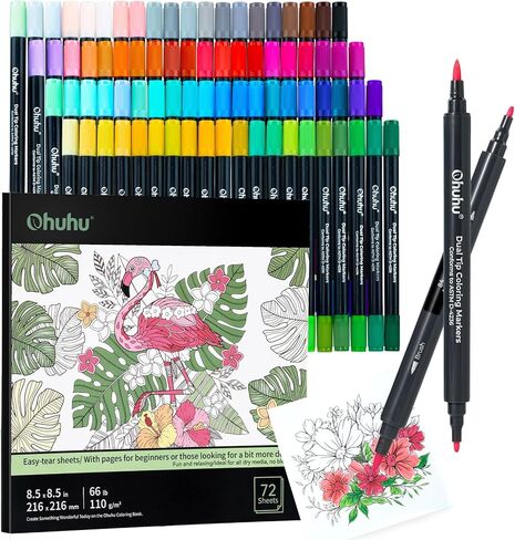 Ohuhu Markers Brush Tip 80-Colors with 72-Sheet Coloring Book - Double Tipped Markers for Adults Coloring Books - Art Marker Set Bundles with 100% Bleed-Proof Coloring Pages - Fine & Brush Dual Tips in Kuwait