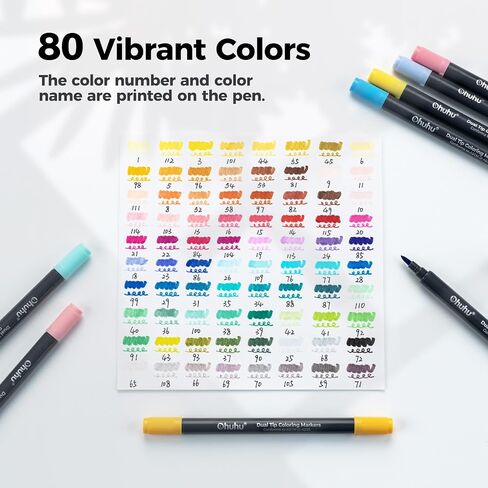 Ohuhu Markers Brush Tip 80-Colors with 72-Sheet Coloring Book - Double Tipped Markers for Adults Coloring Books - Art Marker Set Bundles with 100% Bleed-Proof Coloring Pages - Fine & Brush Dual Tips in Kuwait
