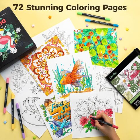 Ohuhu Markers Brush Tip 80-Colors with 72-Sheet Coloring Book - Double Tipped Markers for Adults Coloring Books - Art Marker Set Bundles with 100% Bleed-Proof Coloring Pages - Fine & Brush Dual Tips in Kuwait