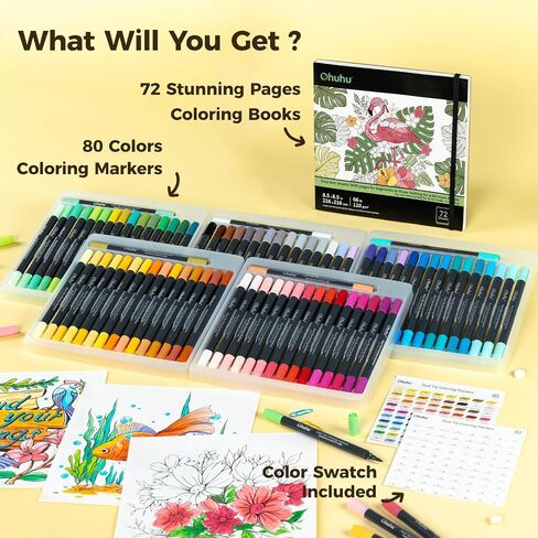 Ohuhu Markers Brush Tip 80-Colors with 72-Sheet Coloring Book - Double Tipped Markers for Adults Coloring Books - Art Marker Set Bundles with 100% Bleed-Proof Coloring Pages - Fine & Brush Dual Tips in Kuwait