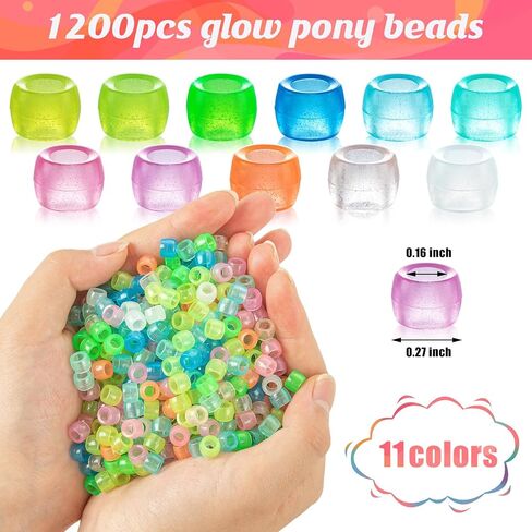 1200 Pcs Glow in The Dark Pony Beads, UV Pony Beads, Mix 11 Colors Hairbead Bulk for DIY Jewelry Craft Making Necklace Bracelet in Saudi Arabia