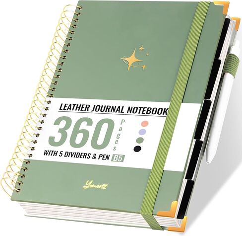 Flying Eagle Leather 5 دفتر ملاحظات موضوع مع علامات تبويب مقسمات القلم ، 360 صفحة ، تم حكمت كلية Notebooks SPOONS ، Green ، Green ، in Kuwait