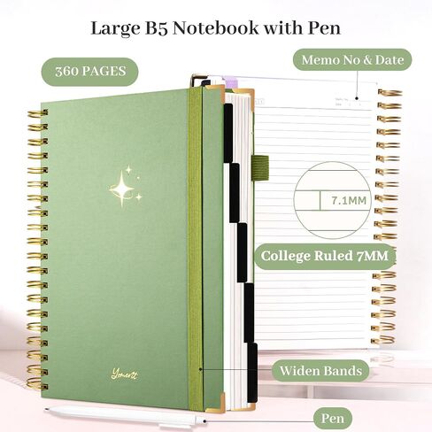 Flying Eagle Leather 5 دفتر ملاحظات موضوع مع علامات تبويب مقسمات القلم ، 360 صفحة ، تم حكمت كلية Notebooks SPOONS ، Green ، Green ، in Kuwait