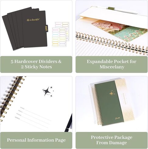 Flying Eagle Leather 5 دفتر ملاحظات موضوع مع علامات تبويب مقسمات القلم ، 360 صفحة ، تم حكمت كلية Notebooks SPOONS ، Green ، Green ، in Kuwait