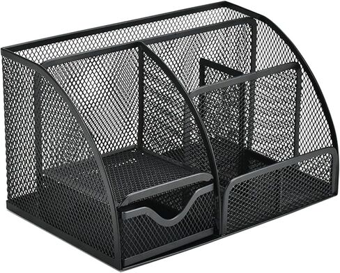 Black Mesh Pen Holder and Organizer Office Supplies with 7 Compartments, Desktop Organizer with Drawer, Metal Pen Holder for Desk, ‎9.1" x 5.9" x 5.5'' in Kuwait