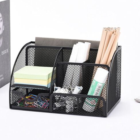 Black Mesh Pen Holder and Organizer Office Supplies with 7 Compartments, Desktop Organizer with Drawer, Metal Pen Holder for Desk, ‎9.1" x 5.9" x 5.5'' in Kuwait