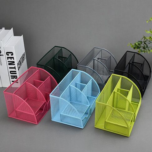 Black Mesh Pen Holder and Organizer Office Supplies with 7 Compartments, Desktop Organizer with Drawer, Metal Pen Holder for Desk, ‎9.1" x 5.9" x 5.5'' in Kuwait