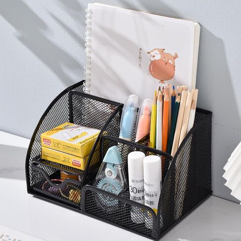 Black Mesh Pen Holder and Organizer Office Supplies with 7 Compartments, Desktop Organizer with Drawer, Metal Pen Holder for Desk, ‎9.1" x 5.9" x 5.5'' in Kuwait