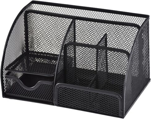 Black Mesh Pen Holder and Organizer Office Supplies with 7 Compartments, Desktop Organizer with Drawer, Metal Pen Holder for Desk, ‎9.1" x 5.9" x 5.5'' in Kuwait